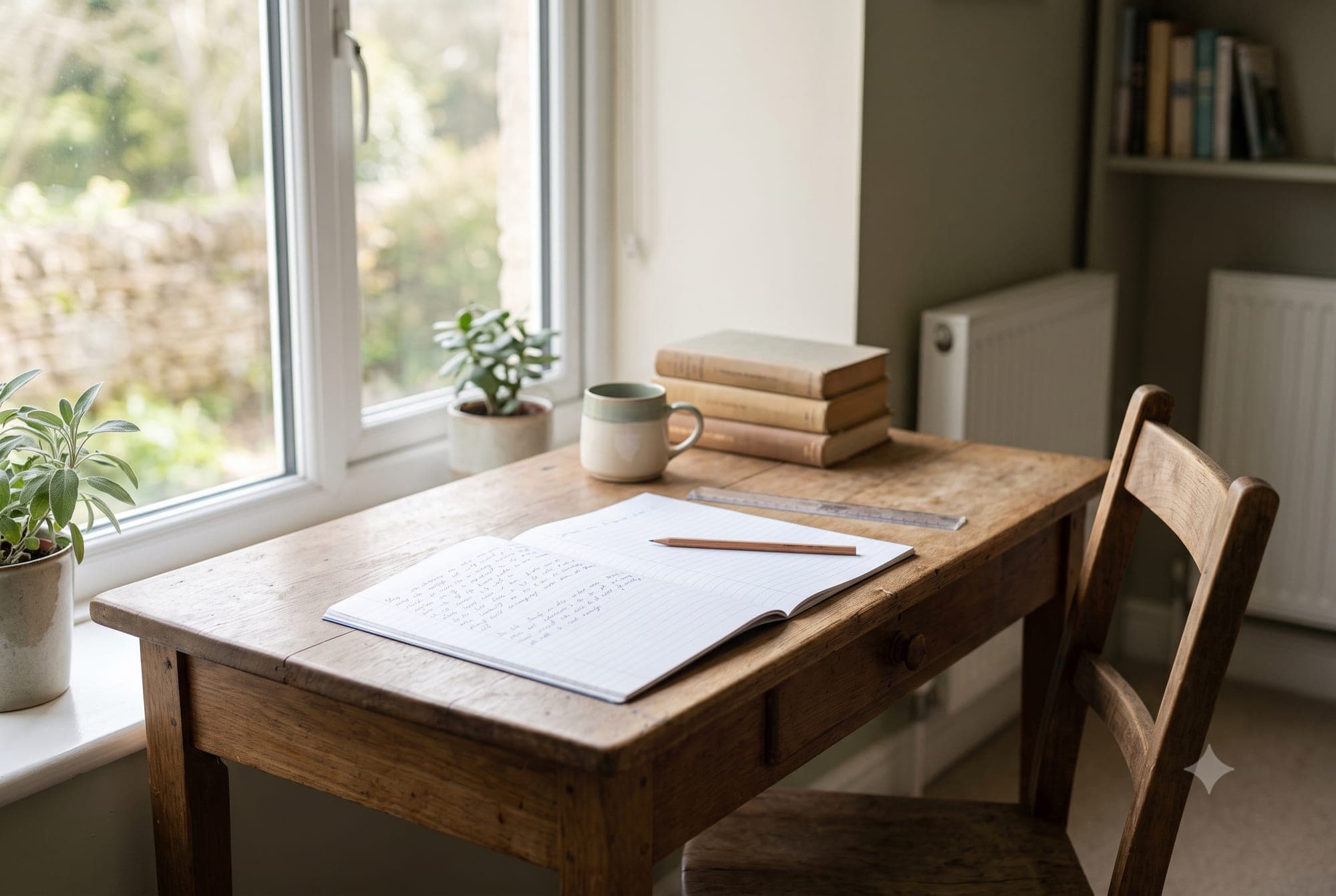 An empty study desk by a window with an open notebook and a mug