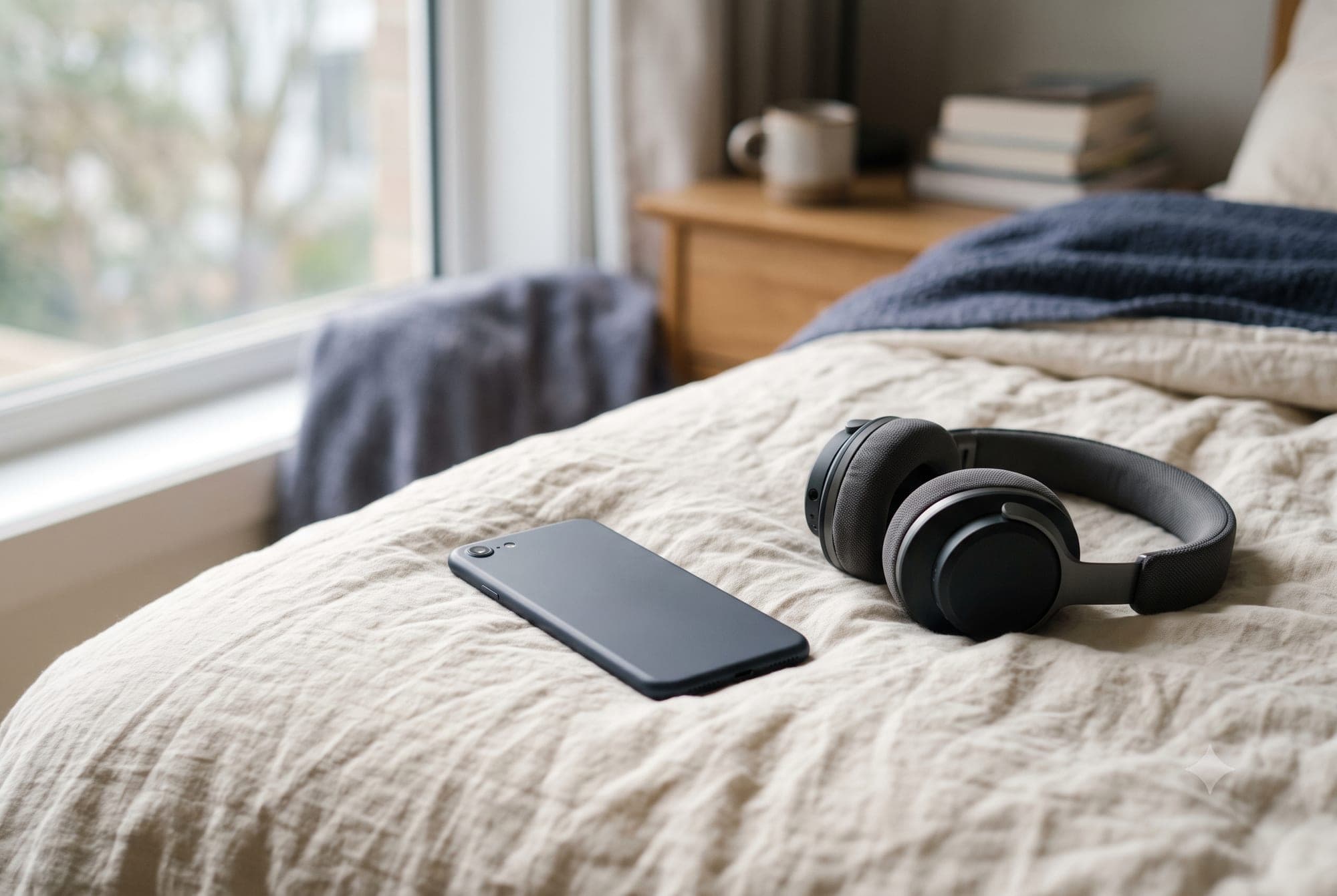 A smartphone lying face-down on a bed next to a pair of headphones