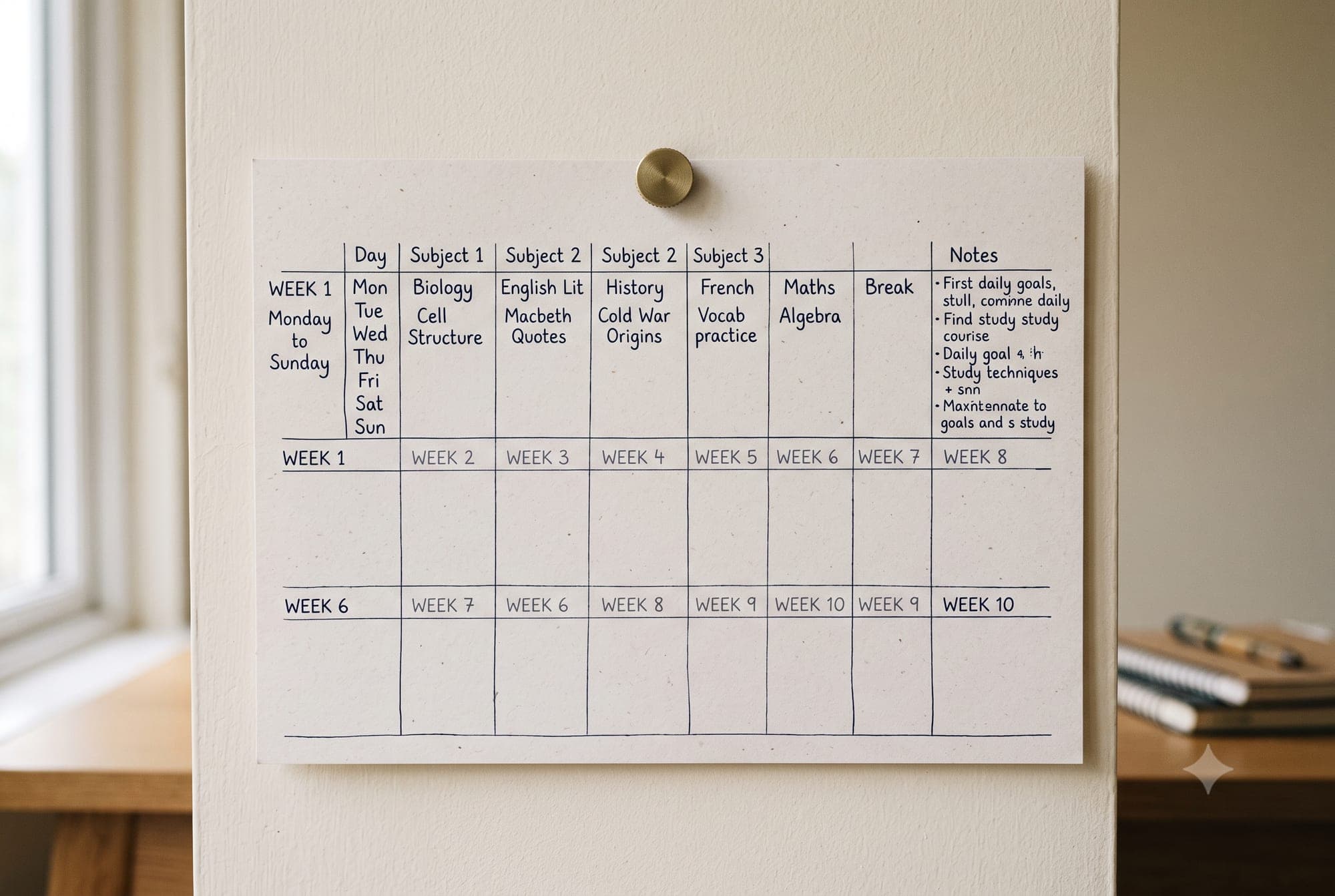 A handwritten revision timetable pinned to a wall with only the first week filled in