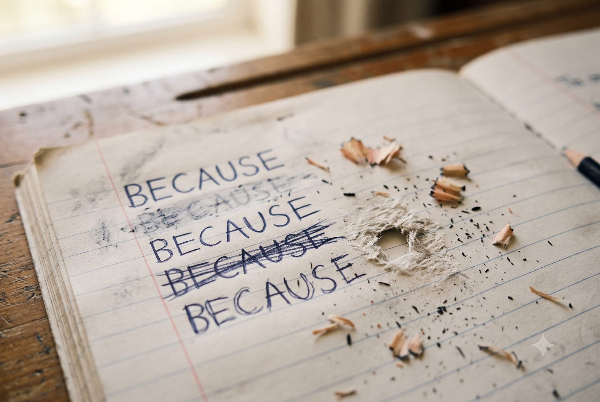 An exercise book page rubbed through by an eraser, pencil shavings scattered nearby